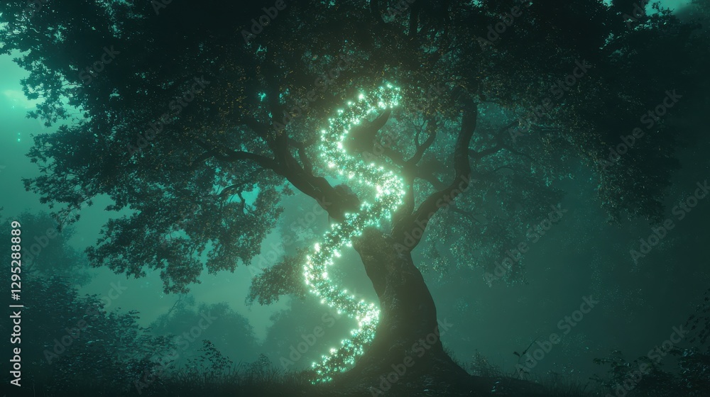 Poster glowing tree with illuminated vines in mystical forest surrounded by fog and soft light for enchanti