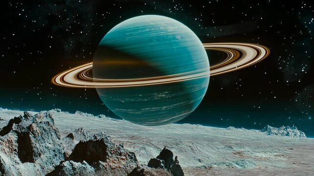 Majestic view of a ringed planet rising above a rocky moon landscape in deep space