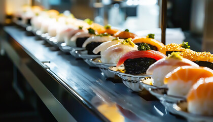 A beautifully sushi moving on the conveyor.  Generative AI.