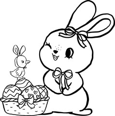 Cute White Bunny and Chick with Basket Easter Eggs Cartoon Outline Coloring Image