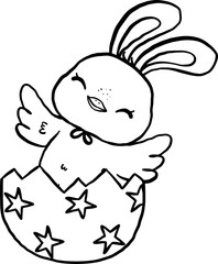 Groovy Easter Chicken Bunny Ears in Egg Cartoon Outline Coloring Image