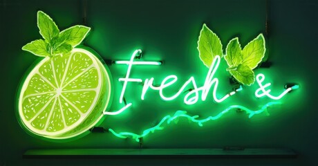 Neon sign fresh green lime slice glowing mint leaves electric waves radiating center bright colorful realistic photo