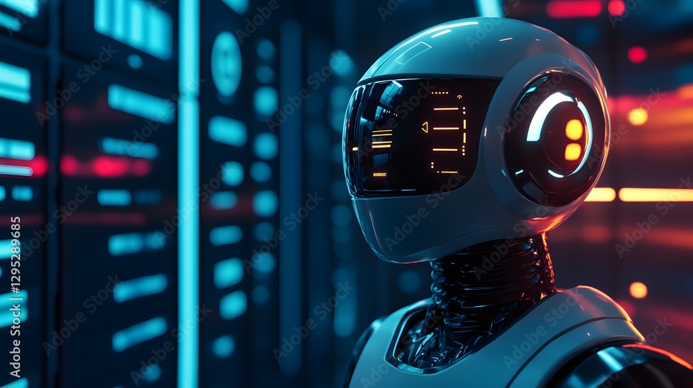 Poster futuristic high-tech android with glowing screen details and advanced cybernetic design