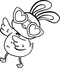 Groovy Easter Baby Chicken with Bunny Ears and Heart Glasses Cartoon Outline Coloring Image