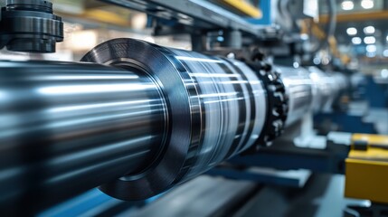 Naklejka premium Close-up of a large, metallic industrial roller. Illustrates heavy machinery, manufacturing, and industrial processes.