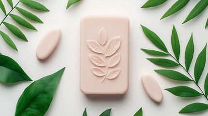 Natural soap bar surrounded by green leaves wellness aesthetic flat lay style minimalist vibe