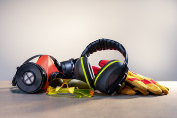 Work safety protection equipment. Industrial protective gear on the desk.