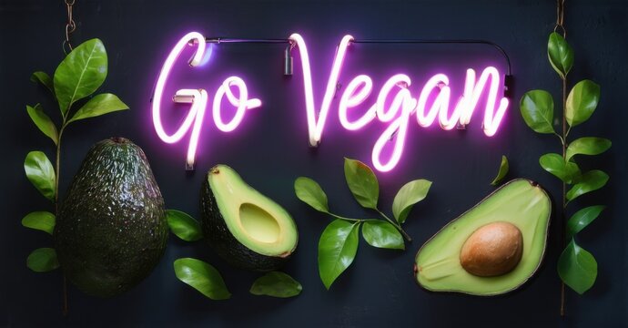 Neon sign go vegan glowing avocado green leaves vibrant plant based energy radiating design bright colorful realistic photo