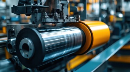 Close-up of industrial rollers in a factory setting, metallic and yellow hues. Illustrates industrial manufacturing, ideal for industry or technology concepts.