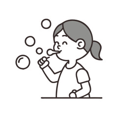 Simple line art of a girl blowing soap bubbles, childhood fun, minimalistic black and white illustration