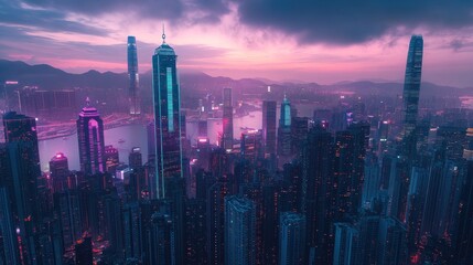Fototapeta premium Hong Kong Skyline at Dusk: A City of Lights and Skyscrapers