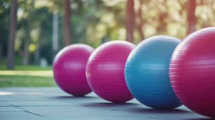 Row of exercise balls in park setting. Perfect for fitness, wellness, and healthy lifestyle concepts.