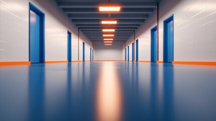 Fototapeta premium A vibrant corridor with blue doors and bright lighting, creating an inviting atmosphere