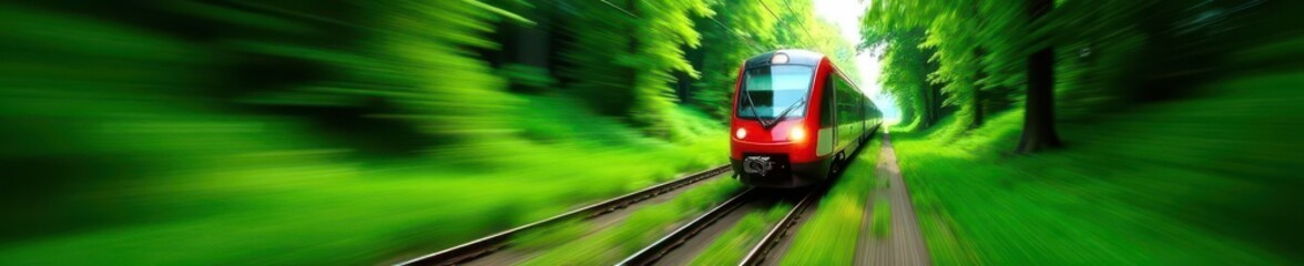 Naklejka premium High-speed train zipping through a serene green tunnel, urban mobility, eco-friendly transportation, sleek train