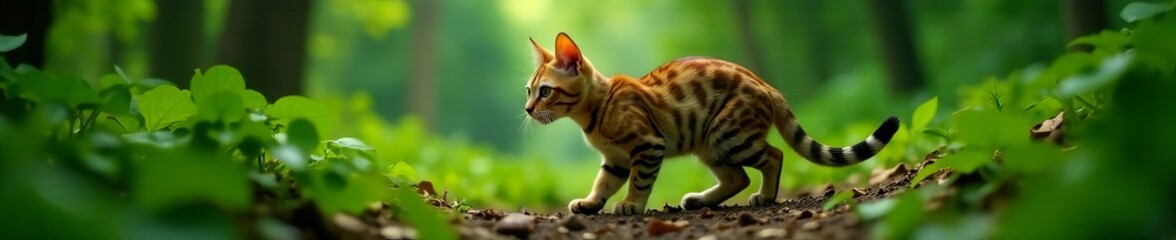 Bengal cat exploring lush forest with curious eyes, curious, forest