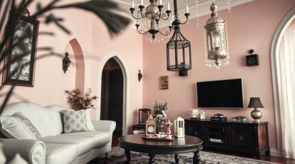 Fototapeta premium Elegant Living Room Interior Design with Chandeliers