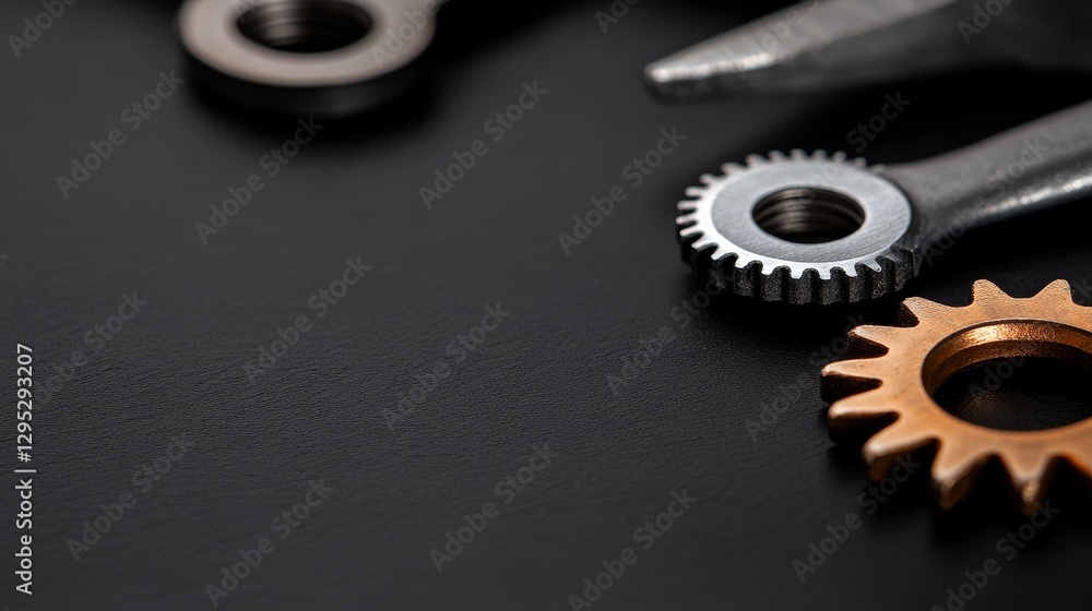 Poster close-up of metallic gears and tool on a dark surface, showcasing intricate details and textures