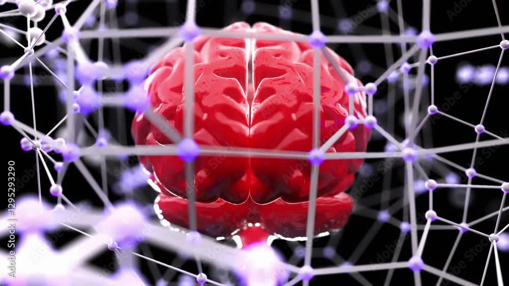 Poster red brain in digital net. animation seamless loop. artificial intelligence concept background. can b