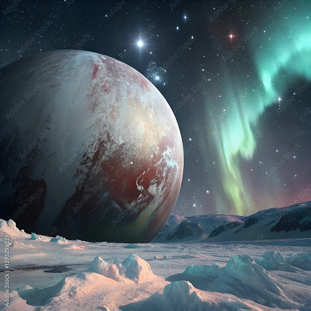 Poster an artistic rendering of pluto, blending realism with a touch of fantasy, showcasing its icy surface