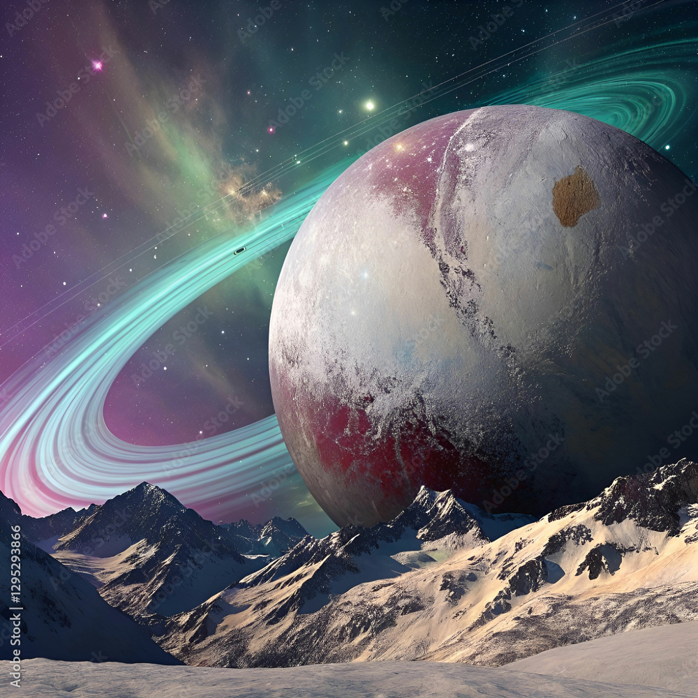 Poster an artistic rendering of pluto, blending realism with a touch of fantasy, showcasing its icy surface