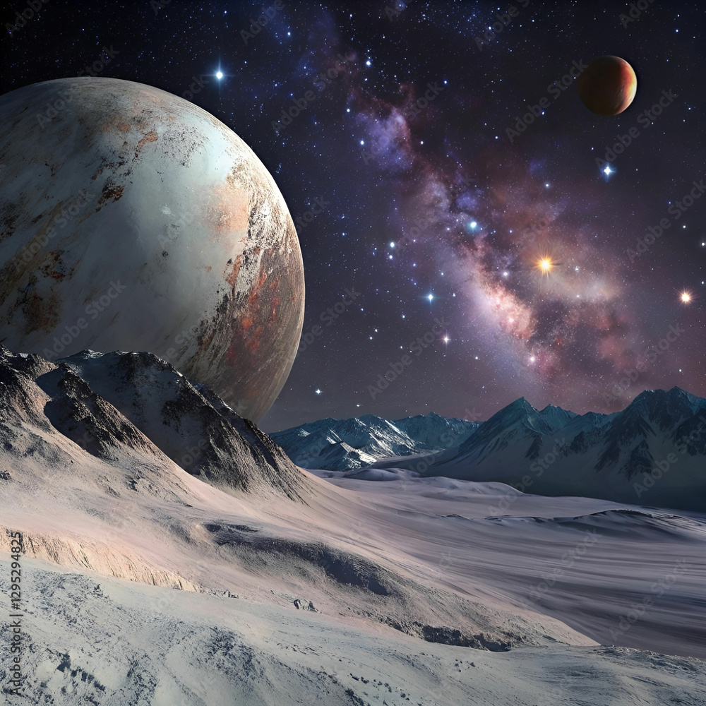 Poster an artistic rendering of pluto, blending realism with a touch of fantasy, showcasing its icy surface
