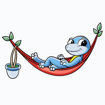 Cute blue gecko relaxing in a red hammock, fun reptile illustration, children's clipart