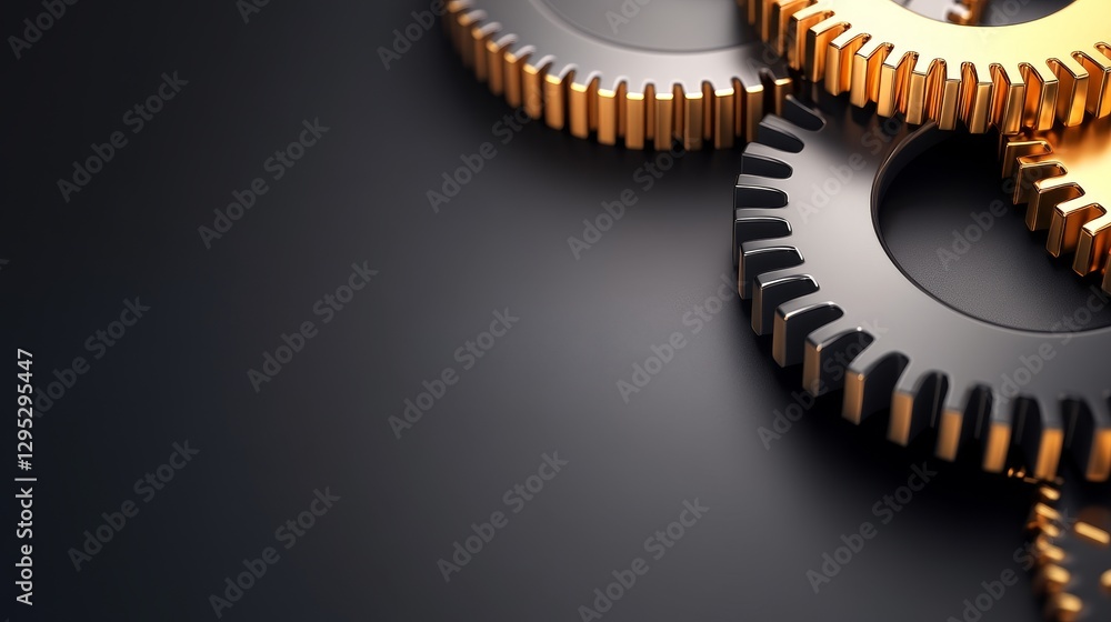 Poster close-up of interlocking gears showcasing intricate design and metallic textures on a dark backgroun