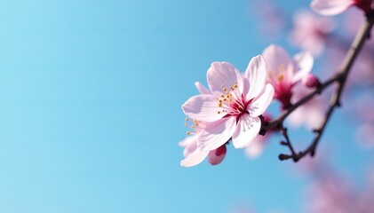 Close-up of delicate cherry blossom branch against blue sky, white, spring, beautiful