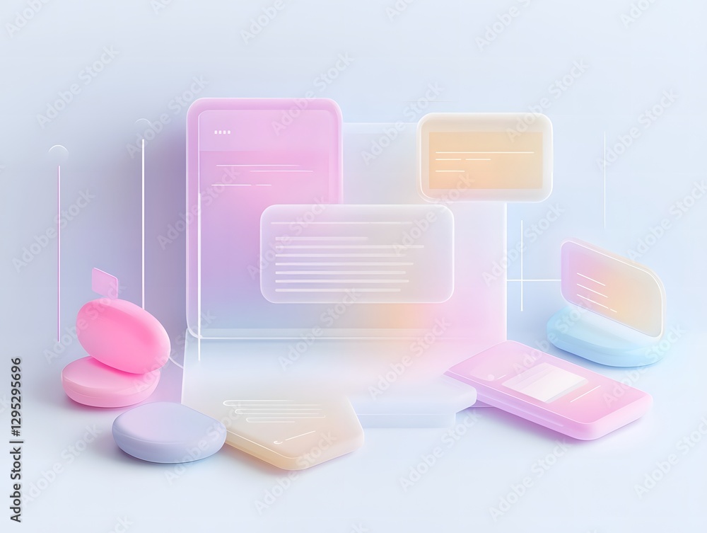 Poster futuristic ui design with translucent pastel panels and sleek digital interface