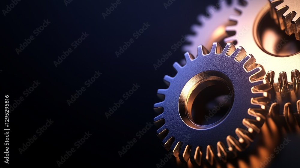 Poster close-up of metallic gears interlocking in a dark setting, showcasing intricate details and reflecti
