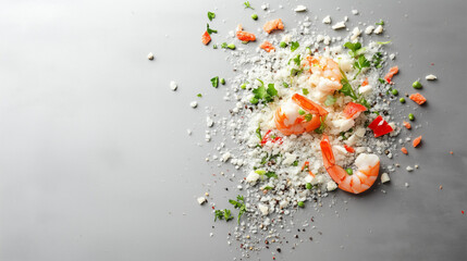 Shrimp Cuisine: Overhead shot of succulent cooked shrimp artfully arranged with fresh herbs and textured elements, inviting viewers to savor the freshness and culinary creativity. 