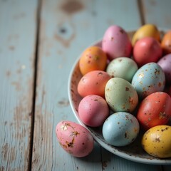 Bright pastel painted eggs on rustic wood, ideal for Easter decor or festive spring designs.