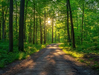 Sunlit Forest Path at Dawn