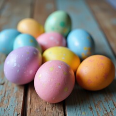 Bright pastel painted eggs on rustic wood, ideal for Easter decor or festive spring designs.