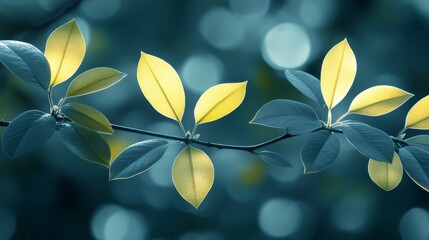Serene Spring Branch Vibrant Yellow Leaves Against a Teal Bokeh Background