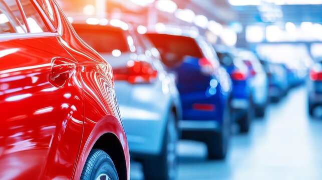 Red car in foreground at a busy dealership with various vehicles in the background