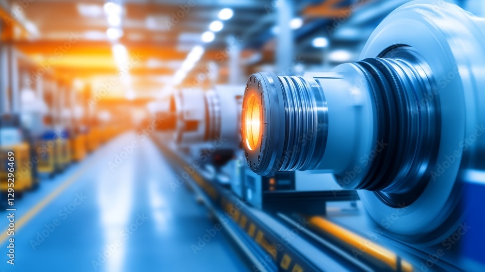 Poster industrial machinery in a factory setting with glowing components and assembly line activity