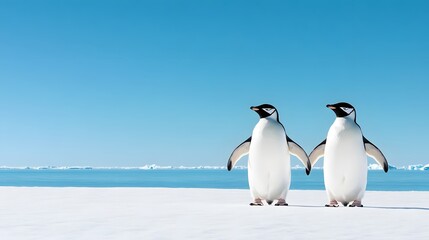 Two penguins standing close to each other on a frozen landscape
