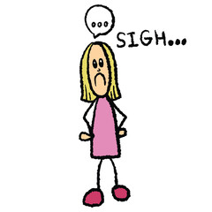 Hand drawn crayon illustration of grumpy girl sigh for expression, mood, emotion, decoration, human, people, back to school, cartoon character, comic, standee, mascot, cute patch, tattoo, sticker
