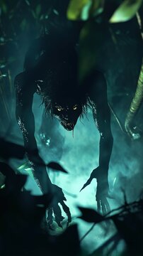A shadowy Aswang, with elongated limbs and sharp teeth, lurks in the jungle, its form barely visible in the dark. 