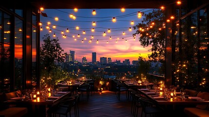 Rooftop restaurant sunset city view dining