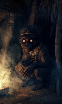A mischievous African Tokoloshe, small and hunched, lurks in the shadows of a dimly lit hut, its eyes glowing with malevolent intent. 
