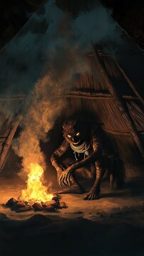 A mischievous African Tokoloshe, small and hunched, lurks in the shadows of a dimly lit hut, its eyes glowing with malevolent intent. 