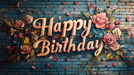 A floral "Happy Birthday" graffiti design with letters intertwined with colorful blossoms and vines, petals scattered on a rustic brick wall, glowing in golden hour sunlight, hd quality. --ar 16:9