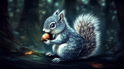 Fototapeta premium Cute squirrel eating acorn, forest background, digital art, children's book