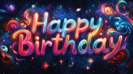 A galaxy-themed "Happy Birthday" graffiti design with bold letters filled with nebulae, stars, and glowing gradients, vibrant cosmic swirls and sparkling starry textures in the background,