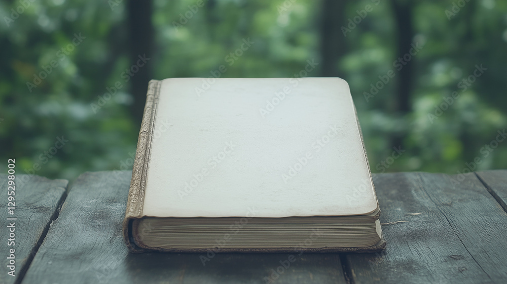 Poster the book of nature on wood table:a captivating image of a aged book resting on a weathered wooden ta