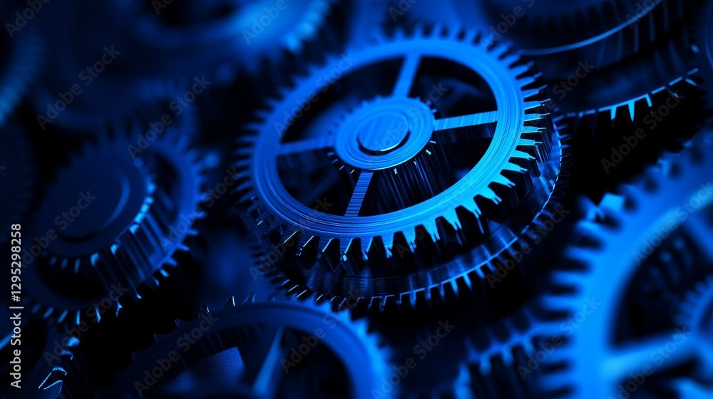 Poster close-up of interlocking blue gears showcasing intricate mechanical design in a dynamic setting