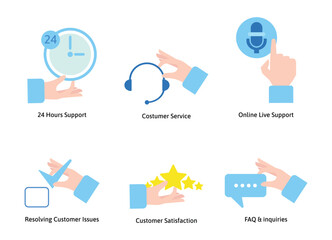 Customer Support and Service icon illustration with hand in a flat style for design elements 