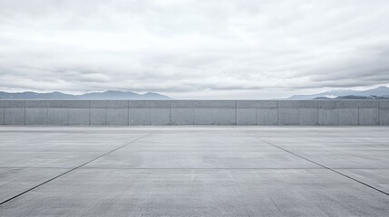 Empty Concrete Space with Grey Sky and Distant Mountains